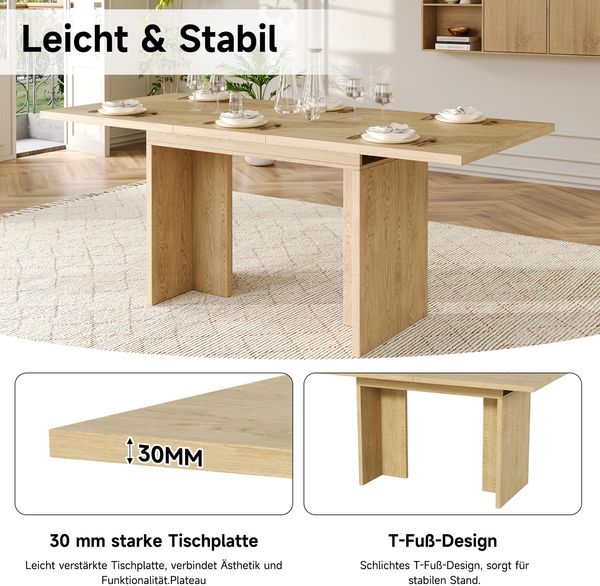 Esstisch ausziehbar H 75 x T 140/180 x B 80 cm, MDF in Eichenoptik, 30 mm Tischplatte, für 6–8 Personen Bild 9