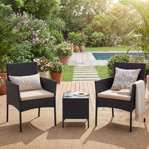Balkonmöbel, Gartenmöbel-Set aus PE-Polyrattan, Tisch und 2 Stühle, Schwarz-Taupe