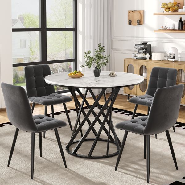 Esstisch-Set (5-teilig), runder Küchentisch Ø80 cm mit schwarzen Metallbeinen & 4 Samtstühlen, moderne Essgruppe, MDF, Weiß+Schwarz, Ø80 cm