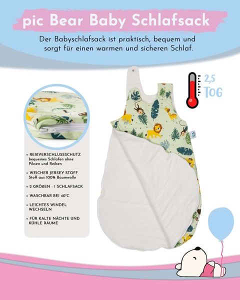 pic Bear Babyschlafsack mitwachsend - atmungsaktiv, Zoo Animals, 62/68 : Zoo Animals