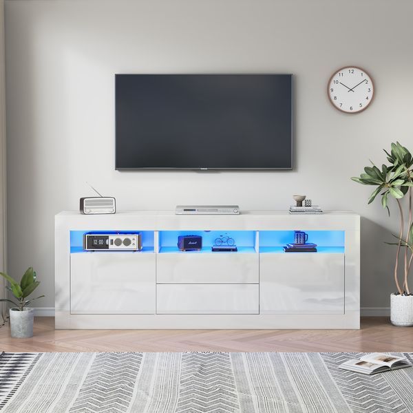 TV-Schrank 160x35x60 cm, Hochglanz Weiß, LED-App-steuerbar, 3 offene Fächer & 2 Schubladen