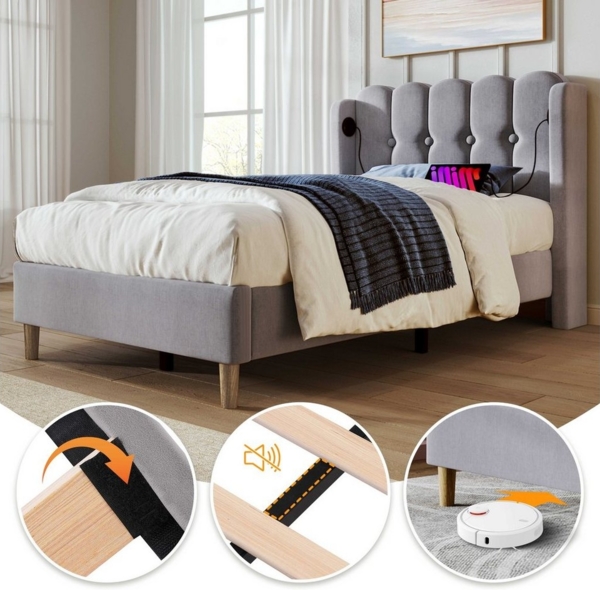 BlingBin Einzelbett Polsterbett Doppelbett (1-tlg, Jugendbett mit USB Typ C Ladefunktion, 90x 200 cm), Leinenmaterial Bild 3