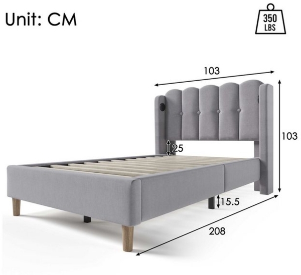 BlingBin Einzelbett Polsterbett Doppelbett (1-tlg, Jugendbett mit USB Typ C Ladefunktion, 90x 200 cm), Leinenmaterial Bild 4