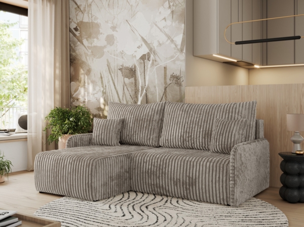 Ecksofa für das Wohnzimmer, mit losen Kissen, Schlaffunktion und Bettkästen, L-förmiges Ecksofa mit Armlehnen, Wellenfeder - ARPA - Hellbraun Cord - linke Seite