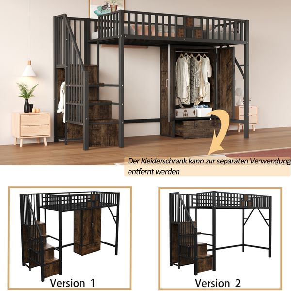 Bett 90x200 cm als Hochbett mit integriertem Kleiderschrank und Aufbewahrungsleiter, schwarz Bild 5