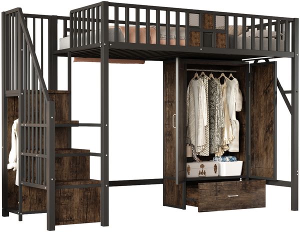 Bett 90x200 cm als Hochbett mit integriertem Kleiderschrank und Aufbewahrungsleiter, schwarz Bild 7