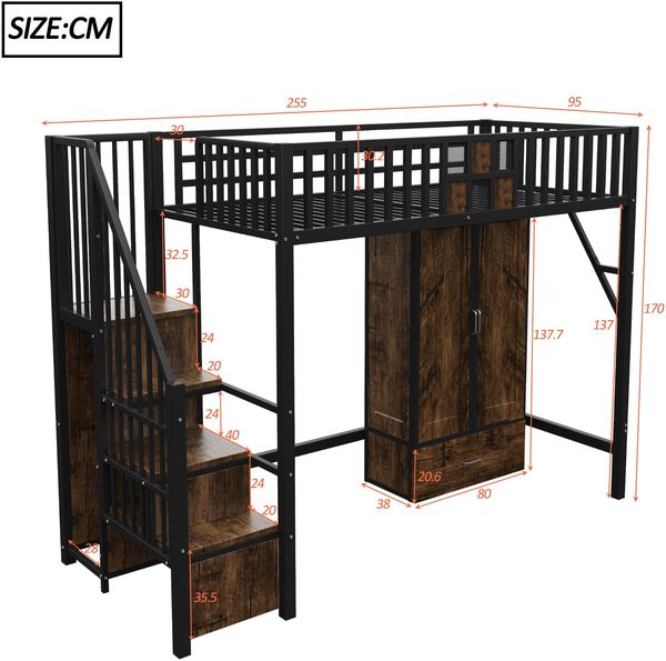 Bett 90x200 cm als Hochbett mit integriertem Kleiderschrank und Aufbewahrungsleiter, schwarz Bild 6