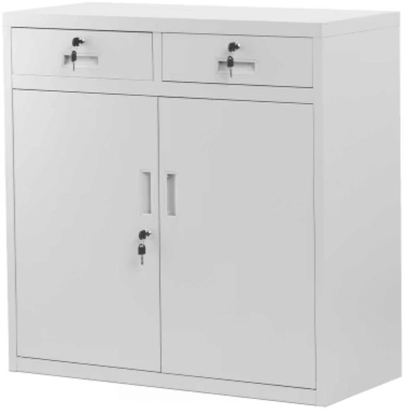 Metallschrank klein LENA - Schubladen, Flügeltüren | Aktenschrank abschließbar Büroschrank Stahl Mehrzweckschrank Werkstatt Werkzeugschrank, 90x90x40cm Grau