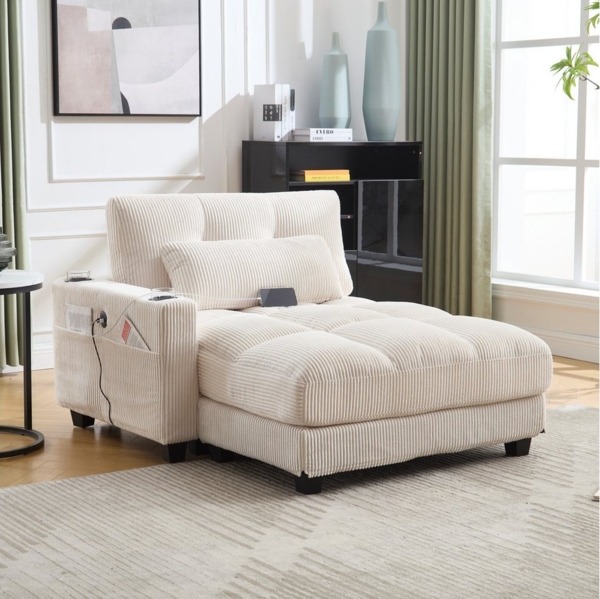 HAUSS SPOLE Schlafsofa Ecksofa Relaxsofa Polstermöbel mit Becherhaltern&USB Anschluss,Beige, klappen für den kopf,3 Getränkehalter & eine Seitentaschen,dicke Polsterung, Cordstoff 1 Teile, Sitzsack mit rollenden polstern,für Schlafzimmer, Wohnzimmer, Grau