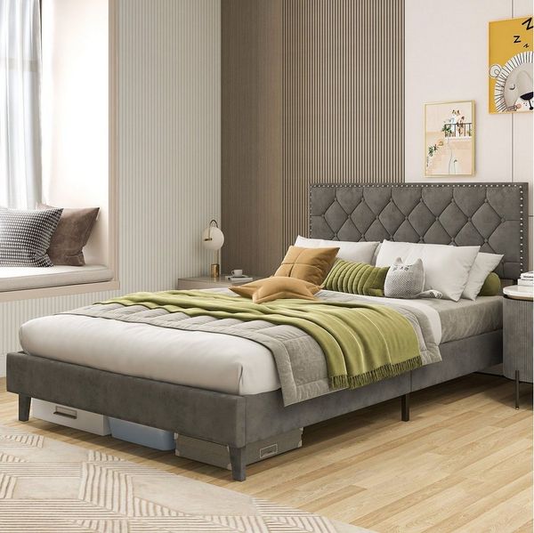 COSTWAY Polsterbett Doppelbett, mit Lattenrost & Kopfteil, 140 x 200 cm, ohne Matratze