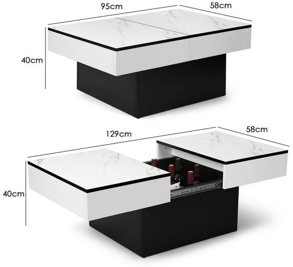 VOWNER Couchtisch Hochglanz-Sofatisch mit 2 Stauräumen, Beistelltisch, Wohnzimmertisch, mit Schiebefunktion, modern und ausziehbar