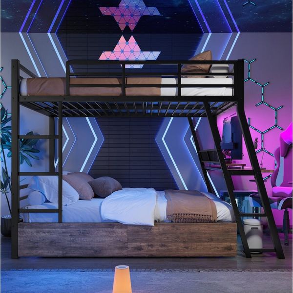 MODFU Etagenbett Metallbett Loftbett (mit Schreibtisch, LED-Beleuchtung, Schubladen, Leiter & Geländer, 140x200 cm), mit Matratze