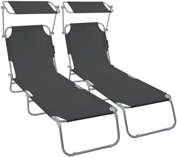 VOUNOT® 2er Set Sonnenliege Klappbar, Gartenliege mit Dach und 4-Fach Verstellbarer Rückenlehne, Leichte Strandliege für Garten, Terrasse, Camping, Pool & Strand, Schwarz
