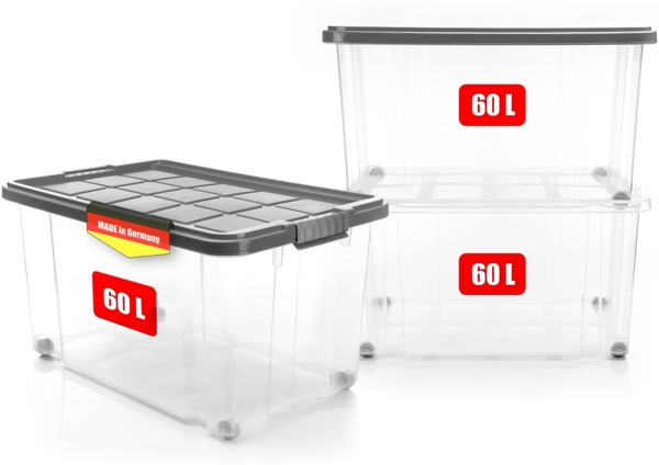 BigDean 3 Stück 60 L Aufbewahrungsbox mit Deckel groß stahlgrau - stapelbare robuste Box rollbare Stapelbox mit festen Klickverschlüssen - Made in Germany