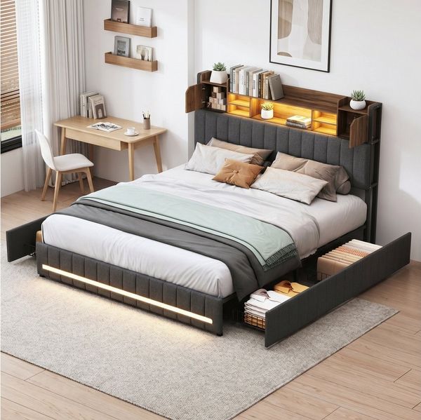 ADWOLT Stauraumbett Polsterbett Doppelbett mit 4 Schubladen und LED-Beleuchtung, Bettgestell mit Lattenrost und USB,Jugendbett 160x200 cm,Leinen,Grau