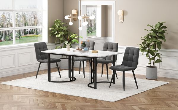 Esstischgruppe 140 x 80 x 75 cm mit MDF-Marmoroptik & Metallgestell, weiß, mit 4 Samt-Stühlen