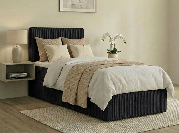 Boxspringbett RALFI 80 x 200 cm (Rechte Seit) mit Bettkästen, Bonell-Matratze H4 und Visco-Topper. Farbe: Schwarz