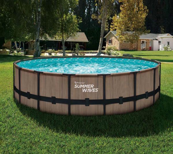 Summer Waves Elite Frame Pool | Aufstellpool rund | Komplettset | Teakoptik braun | Ø 488x122 cm