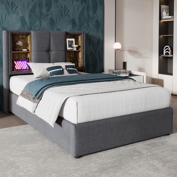 Polsterbett 90x200 cm mit Bettkasten, gepolstertes Kopfteil mit kabelloser Ladefunktion, USB & Typ‑C, Baumwolle, Grau