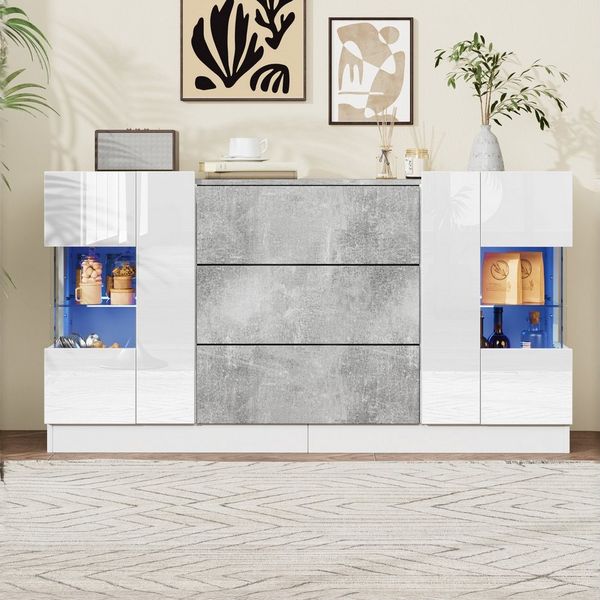 Merax Sideboard in Weiß Hochglanz & Marmoroptik (1 St), Kommode Schrank mit LED, 2 Türen und 3 Schubladen, 140 x 35 x 75 cm