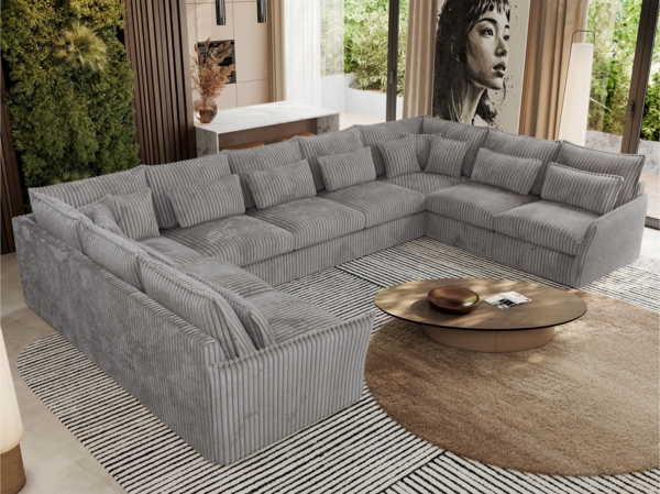 XXL U-förmige Ecksofa, modulares Ecksofa mit losen Kissen, Wohnlandschaft, universelles Ecksofa für das Wohnzimmer - VERSO U 9M - Hellgrau Cord