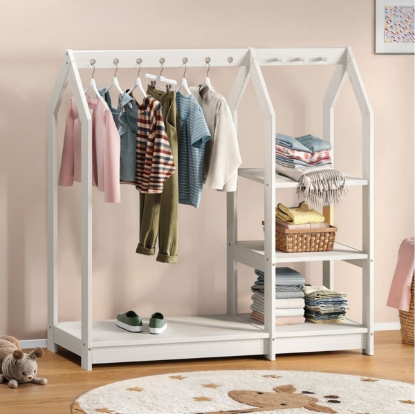 IDIMEX Kinderkleiderschrank Kindergarderobe im Haus Design, 4 Ablagen & Kleiderstange weiß