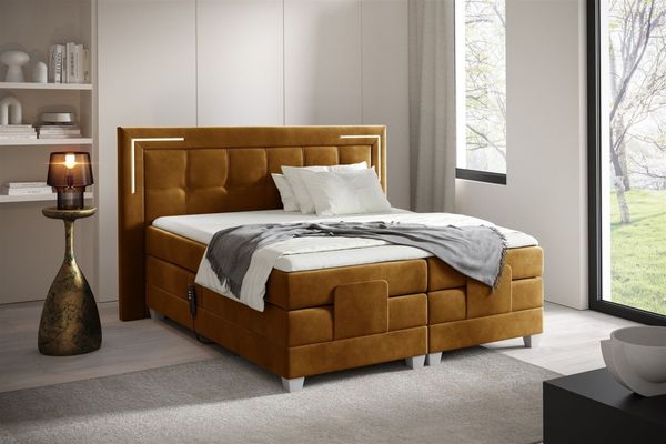 Boxspringbett Elektrisch Bett DORES 200x200cm in Stoff Fresh Senfgelb