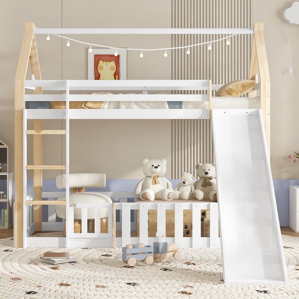 Etagenbett, Kinderbett, Exquisite Dachform, Mit Lustige Kinderrutsche, Freier Raum mit Zaun, Stabile Lattenroste und Leiter, Kiefer + MDF + Sperrholz, Weiß+Natur, 90x200cm
