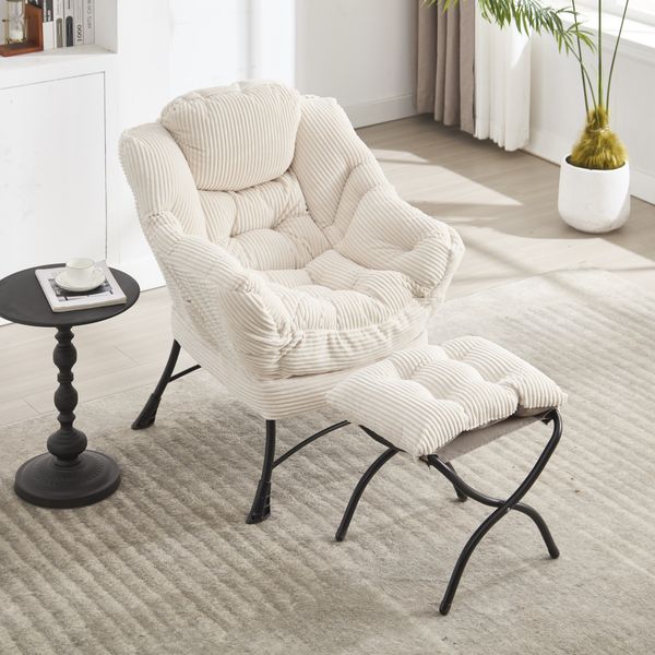 Flieks Loungesessel mit Hocker, ergonomischer Ohrensessel mit Stahlrahmen, weicher Cordstoff, Seitentasche, Beige