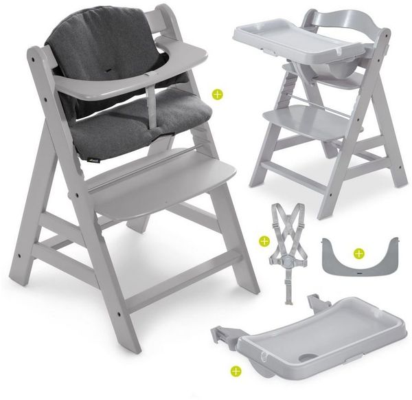 Hauck Hochstuhl Alpha Plus Grau, Holz Kinderhochstuhl Babystuhl mit Essbrett, Sitzkissen - verstellbar