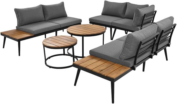 6-teiliges Gartenlounge-Set für 5-6 Personen in Antikgrau, verzinkter rostfester Eisenrahmen, modular kombinierbar mit 2x2er-Sofa, 2xEinzelsessel & 2 Akazienholz-Couchtische, abnehmbare dicke Sitz- und Rückenkissen