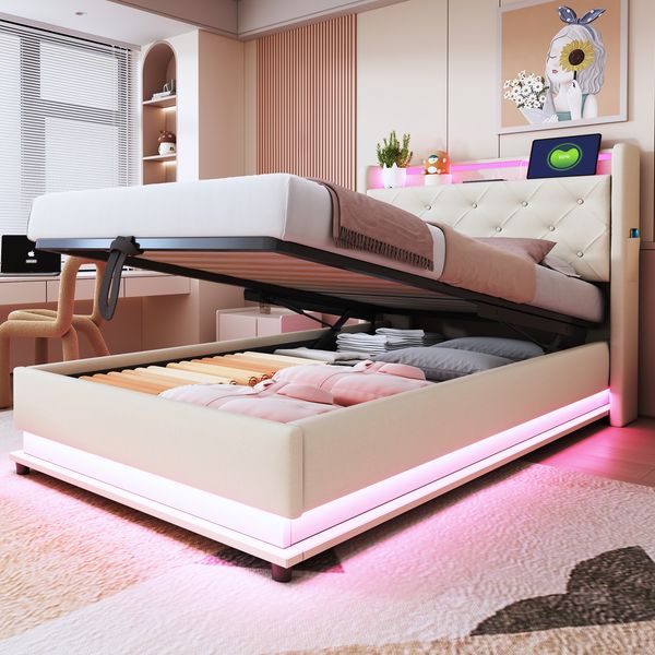 Polsterbett 90x200 cm aus Leinenstoff mit Stauraum und LED-Beleuchtung, ohne Matratze