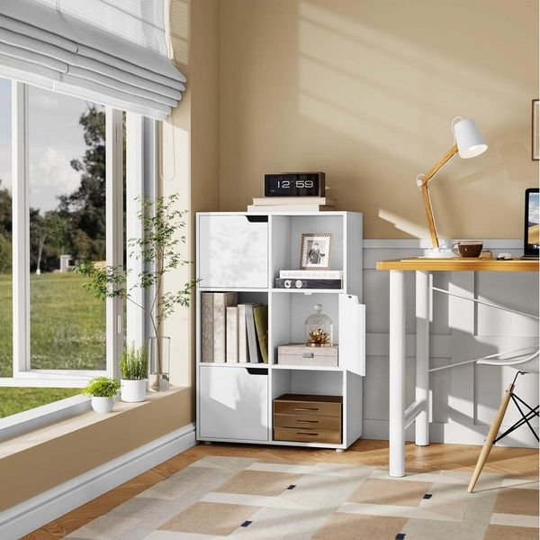 WOLTU Bücherregal Bücherschrank Standregal Aufbewahrungregal Raumteiler Büroregal Aktenschrank, mit 3 Türen, 6 Fächer, 29 x 91 x 59,6 cm,Weiß SK001ws