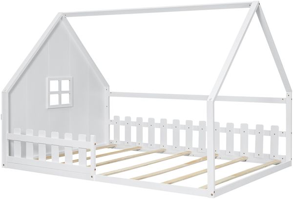 Flachbett, 140*200 cm, Kinderbett, Hausleiste, Geländer, Kiefernholz, Weiß Bild 5