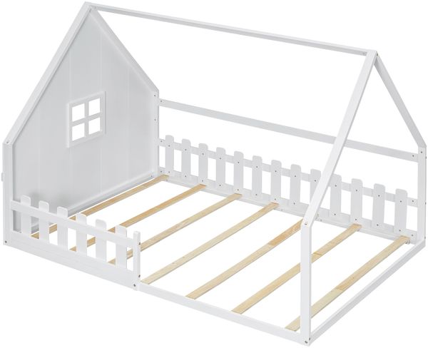 Flachbett, 140*200 cm, Kinderbett, Hausleiste, Geländer, Kiefernholz, Weiß Bild 6