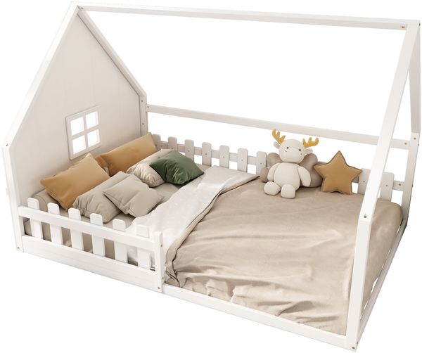 Flachbett, 140*200 cm, Kinderbett, Hausleiste, Geländer, Kiefernholz, Weiß Bild 4