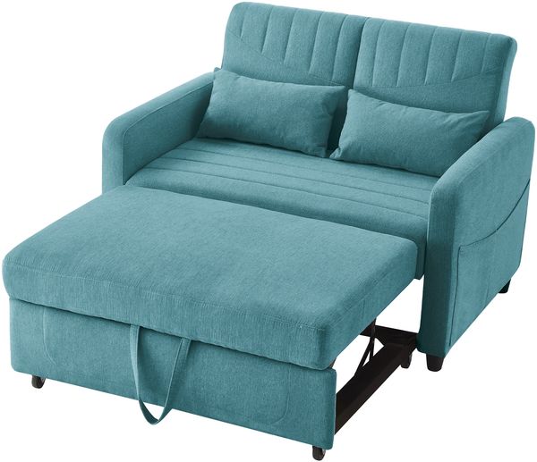 Flieks 2-Sitzer Schlafsofa mit Schlaffunktion, ausziehbares Sofa Bett, 3-fach verstellbare Rückenlehne, Baumwoll-Leinen-Bezug, 2 Kissen, Türkisblau