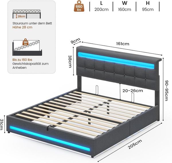 MSMASK Polsterbett Jugendbett mit LED Beleuchtung und Ladestation, Hydraulisches Bett (Ohne Matratze), mit Höhenverstellbares Kopfteil und Stauraum