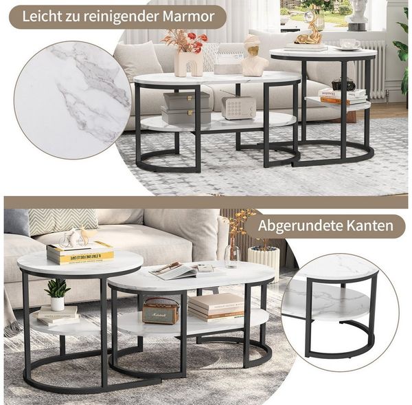 PXloue Couchtisch rund (2-St, Platzsparendes stapelbares Design), Marmormuster Beistelltisch mit Ablageboden,80x46x41cm+Ø52x51cm