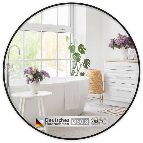 Floordirekt Wandspiegel Bella, Runder Spiegel mit schwarzem Aluminiumrahmen, in 3 Größen (Kristallklar & Rostfrei, 1-St, 50cm Durchmesser), Anti-Glasspliter Folie für mehr Sicherheit, mit Montagematerial