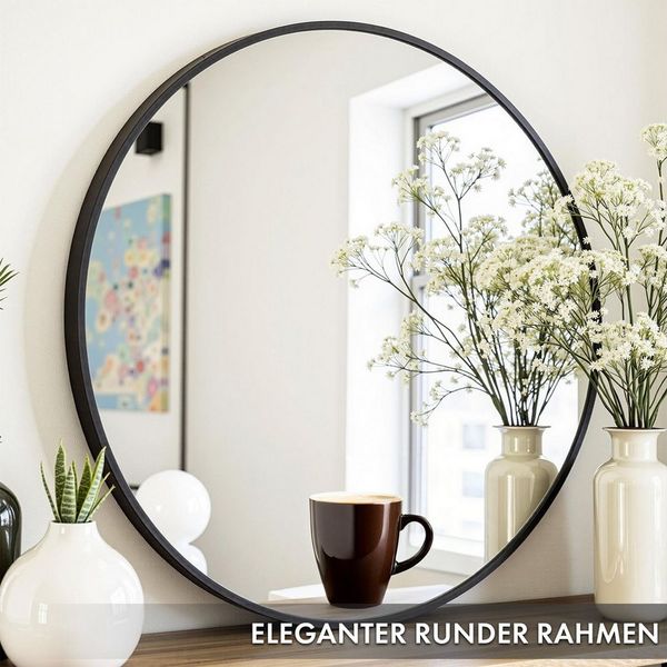 Floordirekt Wandspiegel Bella, Runder Spiegel mit schwarzem Aluminiumrahmen, in 3 Größen (Kristallklar & Rostfrei, 1-St, 50cm Durchmesser), Anti-Glasspliter Folie für mehr Sicherheit, mit Montagematerial