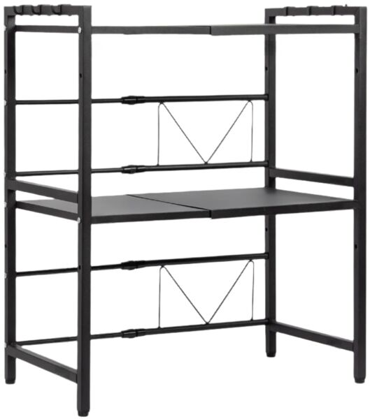 Todeco Erweiterbares Mikrowellen Regal, 3-Stufiges Mikrowellenregalständer, Mikrowellen Regal ständer Einstellbar Länge und Höhe, mit 6 Haken, (39-60) x32x78cm, Schwarz