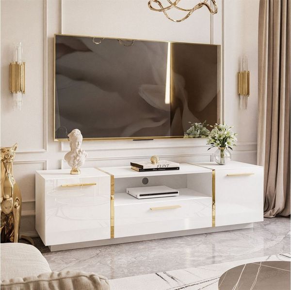 Lookway Lowboard TV ONYX Eleganter Hochglanz Fernsehtisch mit goldenen Griffen (1x TV-Schrank), Breite: 158 cm