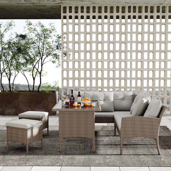 Flieks Gartenlounge-Set, 7-Sitzer L-förmiges Gartenmöbel Polyrattan Sitzgruppe Essgruppe