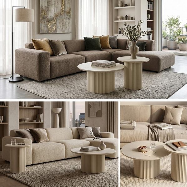 HOOZ Couchtisch Wohnzommertisch rund 2er Set Trommel Gestell Weiß 80 & 60 cm (Set, 2-St, 2× Satztisch), Sofatisch mit geriffeltem Gestell – stabil & pflegeleicht