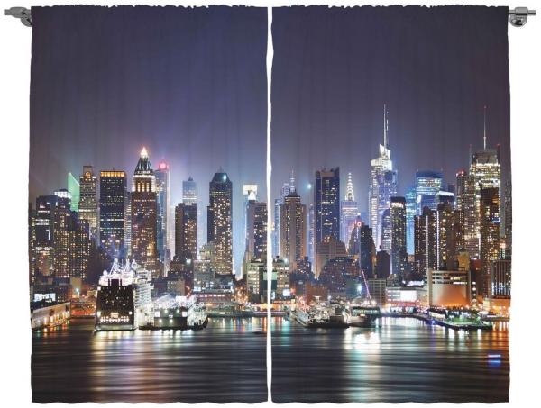 Abakuhaus Gardine Schlafzimmer Kräuselband Vorhang mit Schlaufen und Haken, New York Manhattan-Skyline nachts