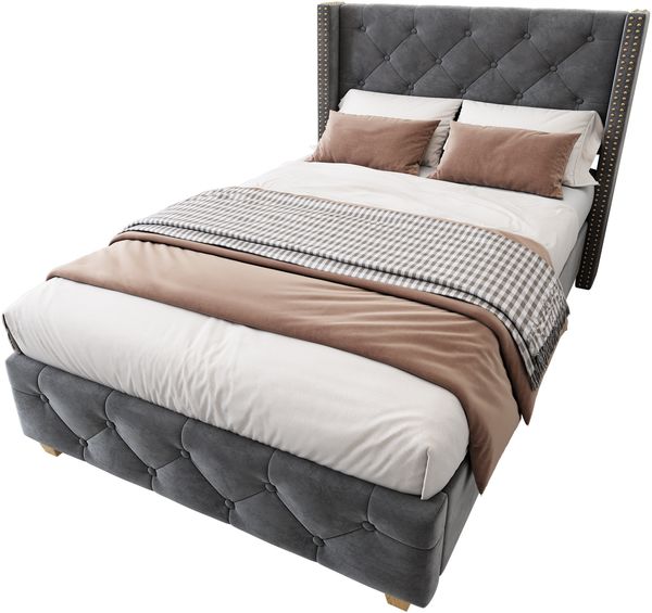 Polsterbett 90x200 cm Samt mit Knopf-Tufting und Nieten, gepolstertes Kopfteil, elegantes Grau,Matratzen enthalten