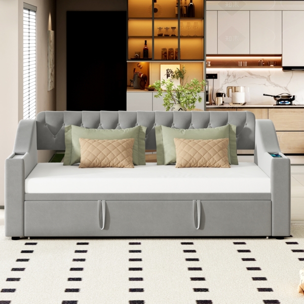 Ausziehbett 90/180×190 cm aus Samt mit Stauraum und USB- und Type-C-Anschlüssen, mit Lattenrost