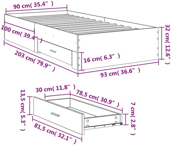vidaXL Bettgestell mit Schubladen Grau Sonoma 90x200 cm Holzwerkstoff 3280431 Bild 10
