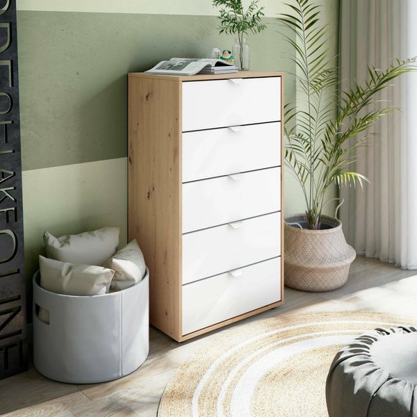 Dmora - Kommode Crosby, Mehrzweckkommode, Schlafzimmerkommode, Schrank mit Schubladen, 60x40 h109 cm, Weiß und Knoteneiche
